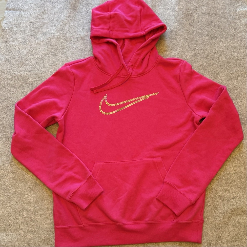 Nike Women's Club Fleece Shine Hoodie Bright Pink Gold Metallic Swoosh XS NWT